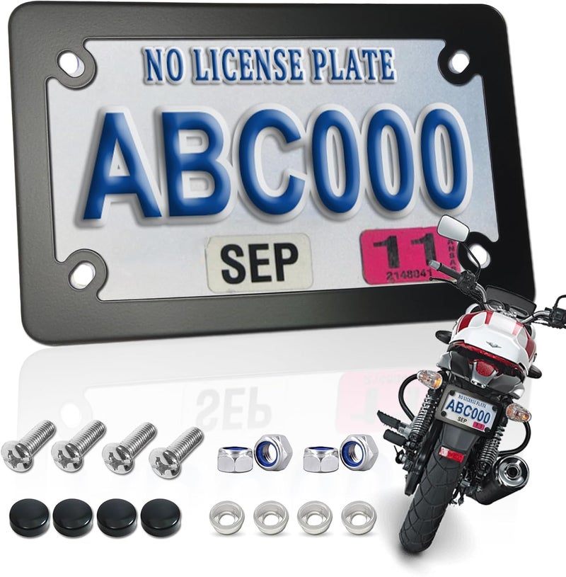 FBJTDQ Motorcycle License Plate Frame- Black Matte Stainless Steel Bike Tag Plate Holder, 4 Holes Heavy-Duty Metal Bracket 1 Pack, with Mounting Hardware Screws Nuts Caps - Image 1